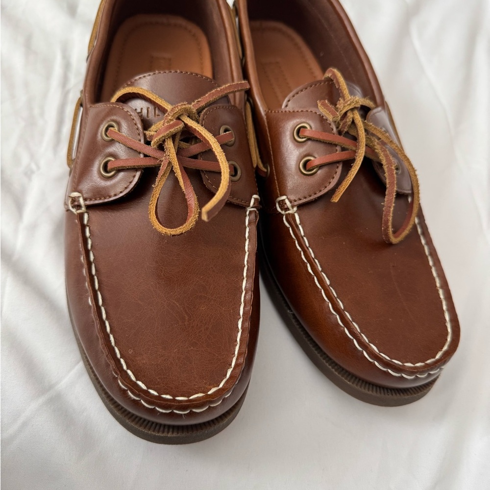 Tommy Hilfiger Brown Leather Boat Shoes with Contrast Stitching